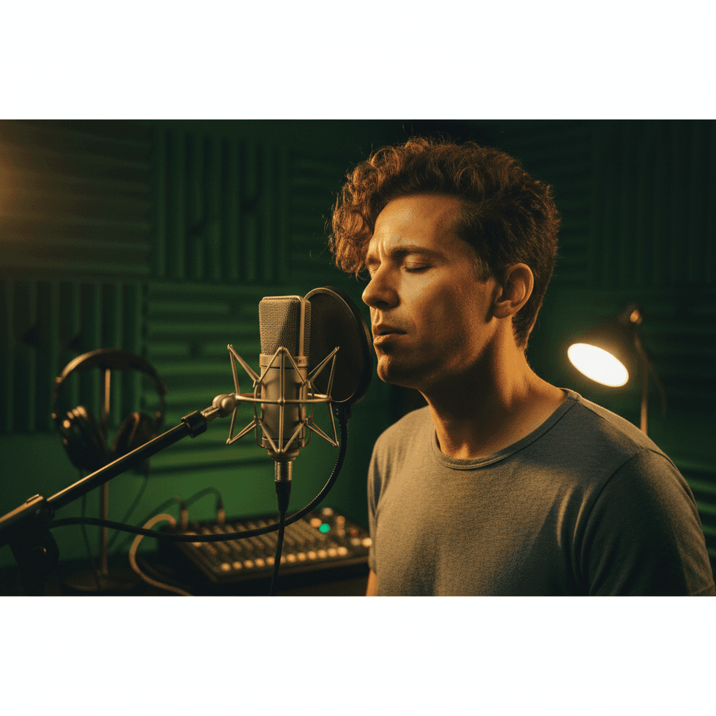 Singer performing into a studio microphone with eyes closed